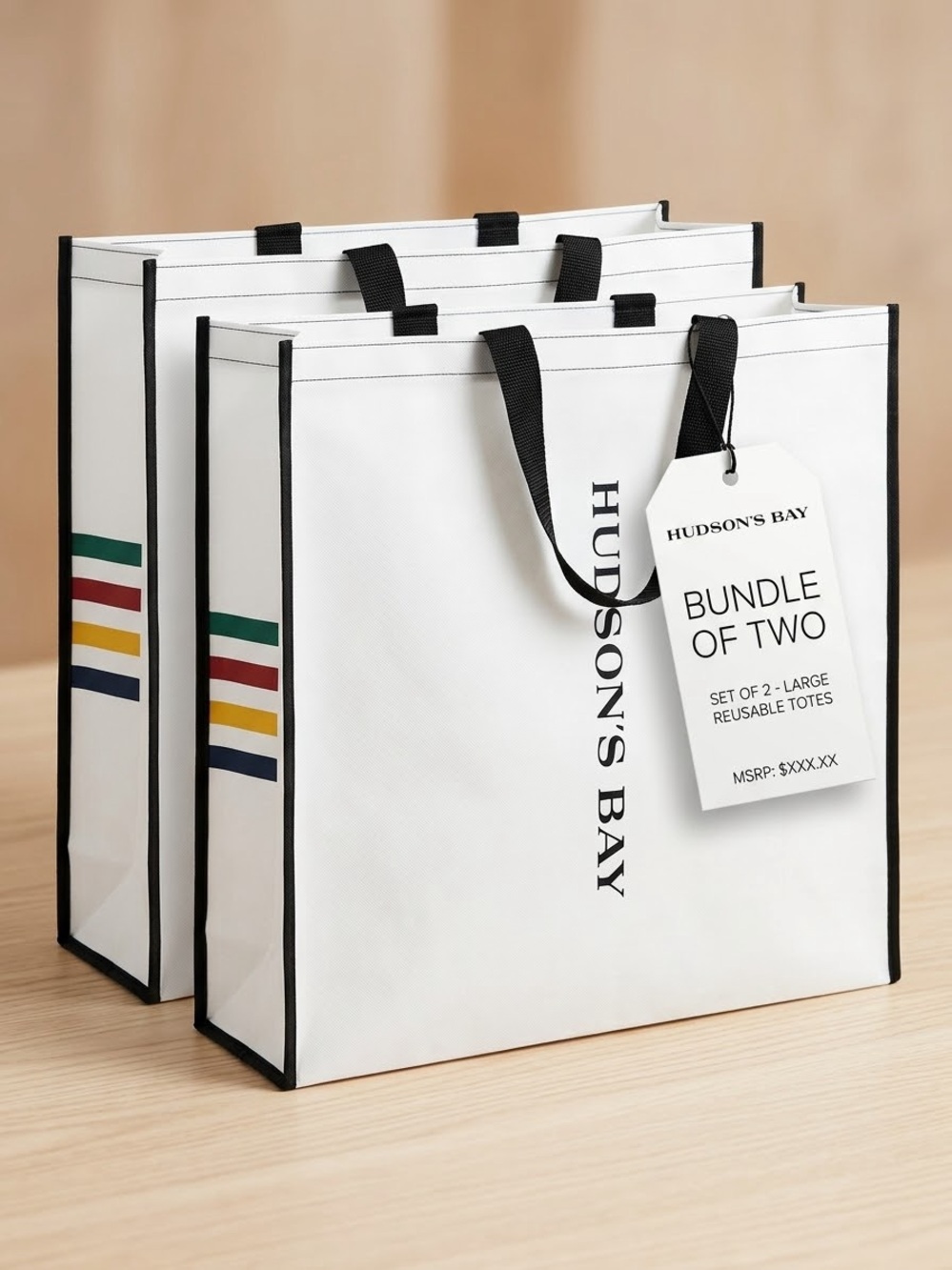 XL Hudson's Bay White Reusable Tote Bags - Bundle of Two